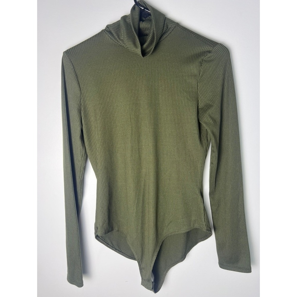 Iris Bodysuit M Olive Green Ribbed Turtleneck Long Sleeve Minimal Capsule Goth